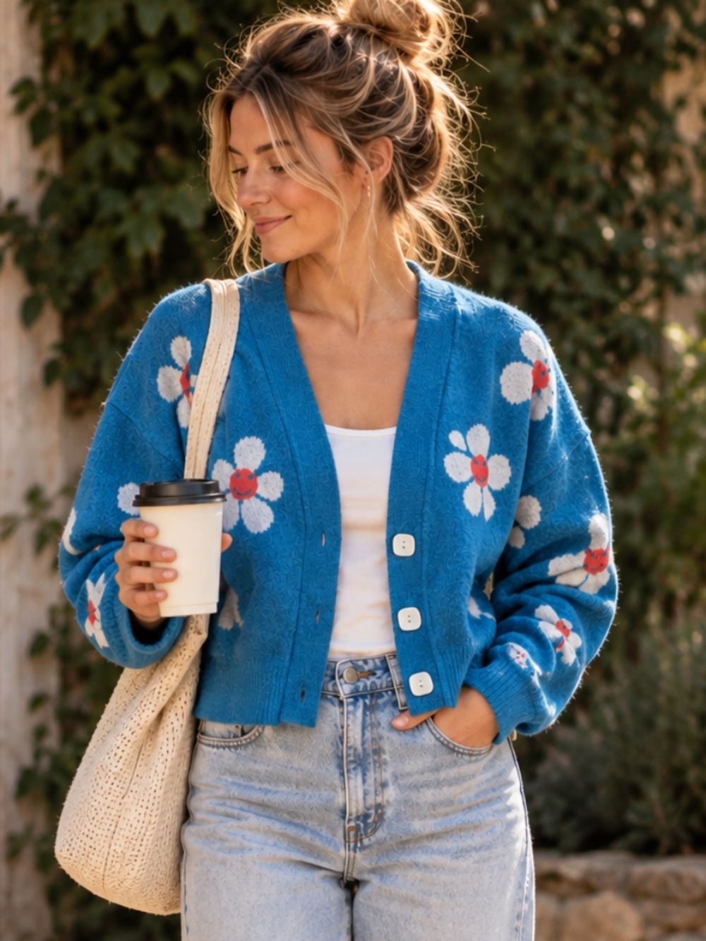 Blue Daisy Floral Knit Cardigan | Cottagecore Granola Girl Sweater
